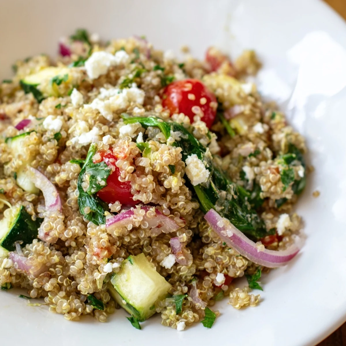 A close-up of warm quinoa with sautéed zucchini, bell peppers, and cherry tomatoes topped with parsley and feta.