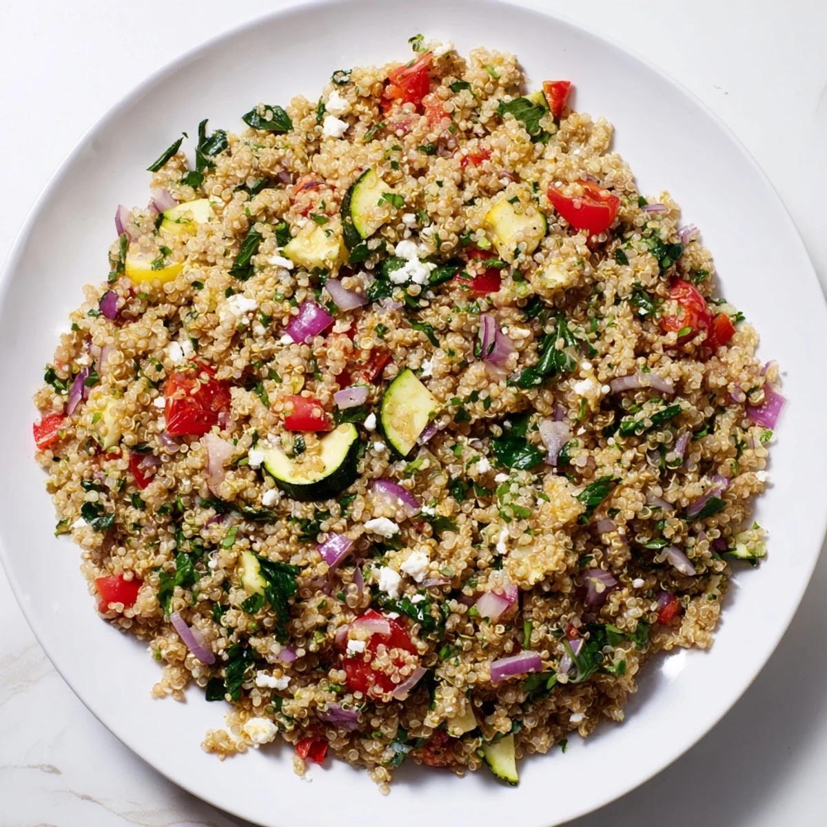 This warm quinoa dish features fluffy grains with roasted vegetables and a light lemon dressing, served on a white plate.