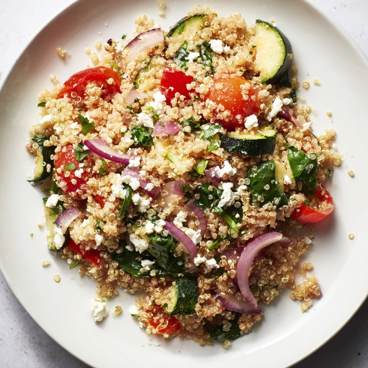 A vibrant bowl of warm quinoa with spinach and red onion, garnished with fresh parsley and ready to serve.