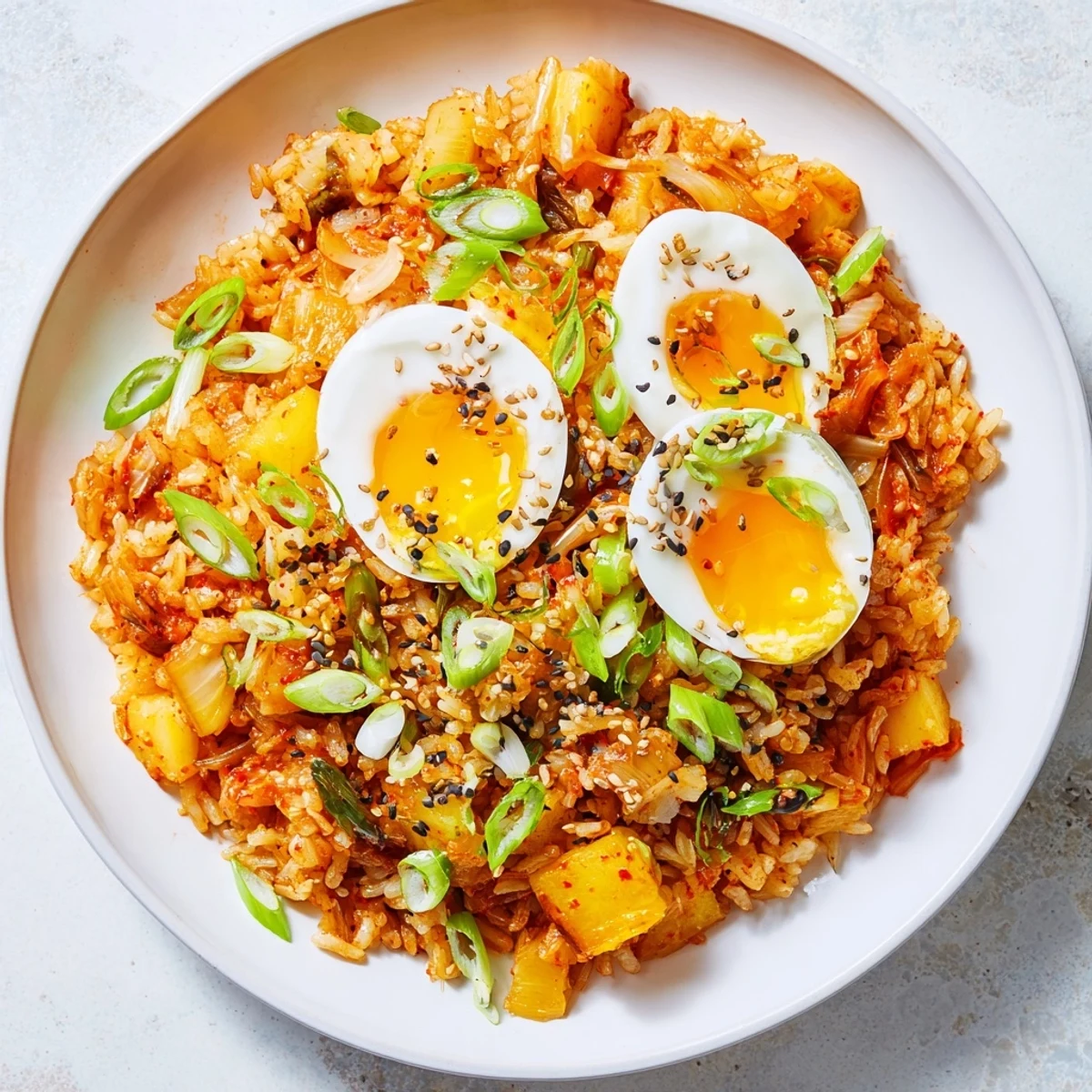 Steaming jammy eggs atop spicy Kimchi Fried Rice with scallions for a colorful Korean-inspired meal.