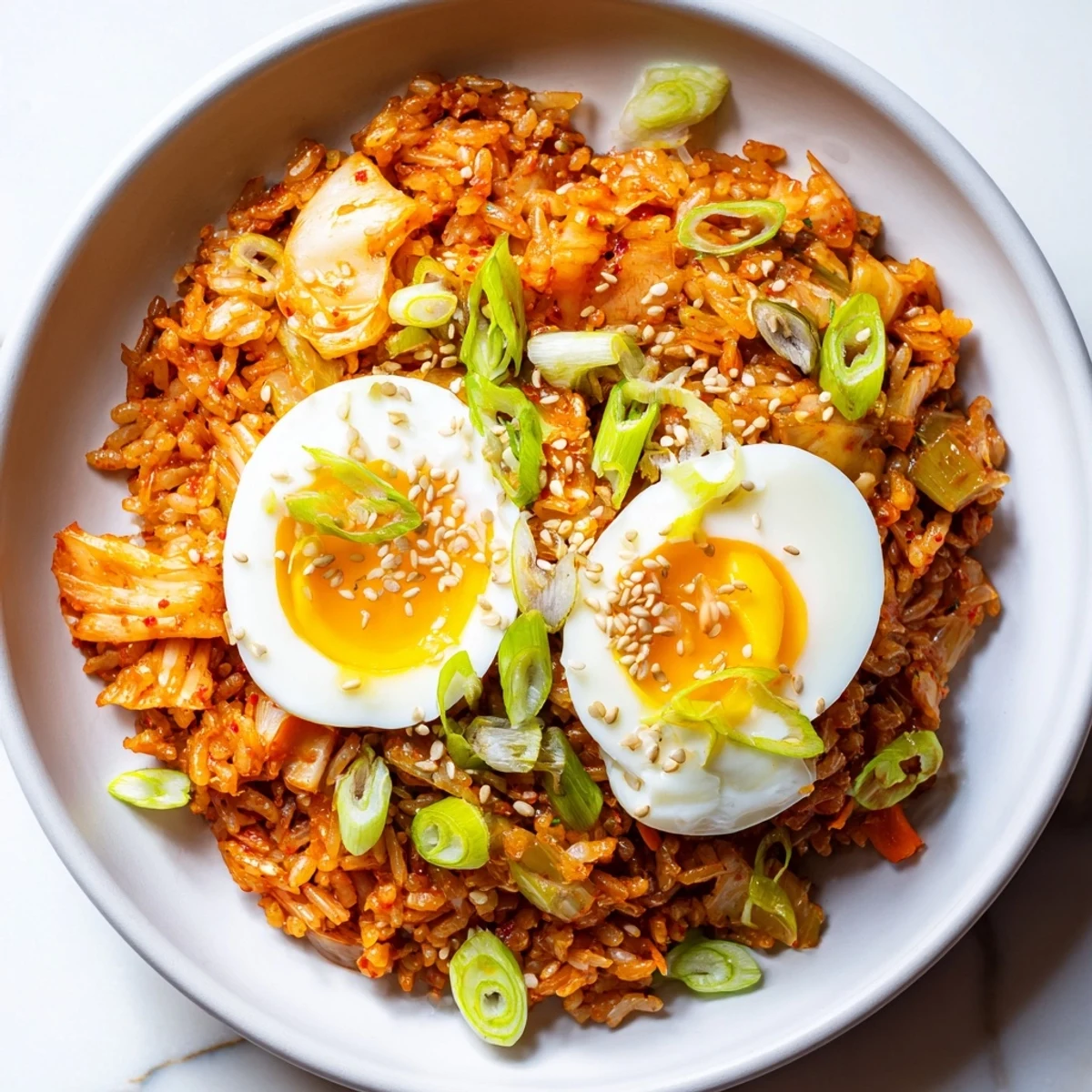 Hot Kimchi Fried Rice with jammy eggs and scallions served steaming in a white bowl.