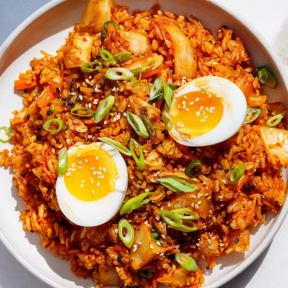 Savory Kimchi Fried Rice topped with halved jammy eggs and fresh scallions on a wooden table.