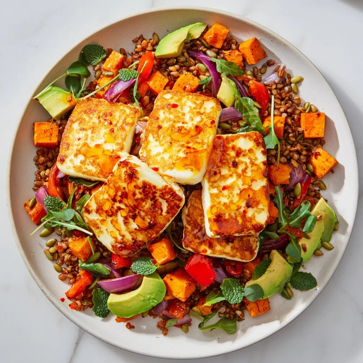 Crispy golden halloumi topped with hot honey glistening over citrus-farro and roasted veggies in a vibrant grain bowl.