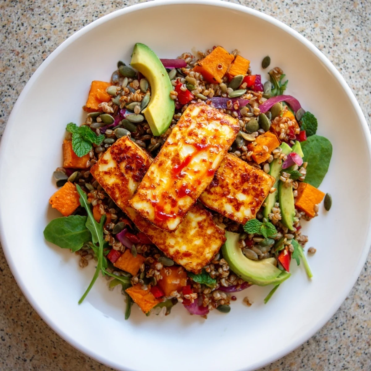 Sliced avocado and fresh arugula garnish this hearty Hot Honey Halloumi Grain Bowl with Citrus Farro for a Mediterranean-inspired meal.