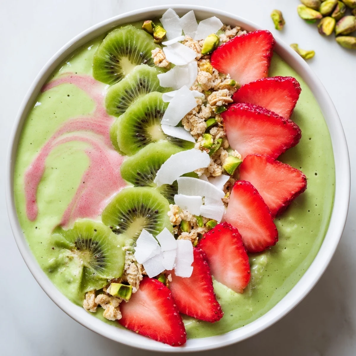 A thick and creamy Strawberry Matcha Smoothie Bowl with Pistachio Crunch, topped with sliced kiwi and fresh berries for a nourishing breakfast.