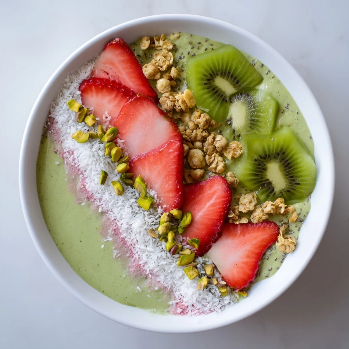 Enjoy this Strawberry Matcha Smoothie Bowl with Pistachio Crunch, garnished with coconut flakes and chia seeds, perfect for a quick morning meal.