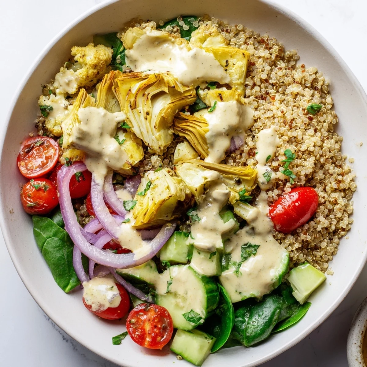 A close-up of the Lemon Tahini Quinoa Grain Bowl featuring diced cucumber and juicy cherry tomatoes on a bed of greens.