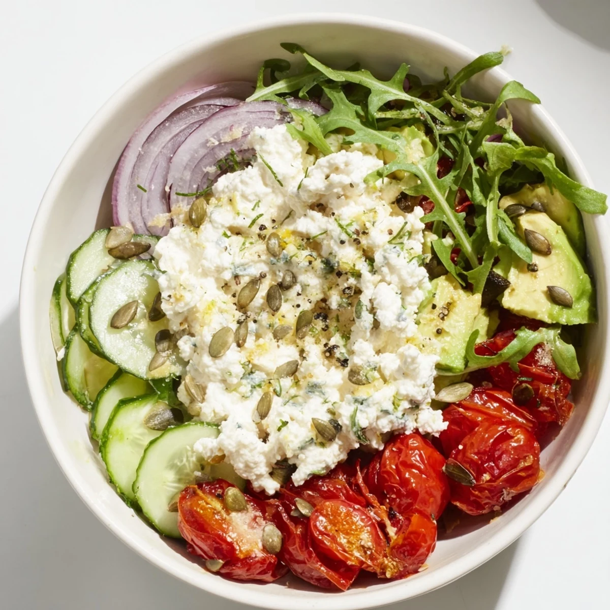 Close-up of Creamy Cottage Cheese and Roasted Tomato Salad Bowl showing creamy cottage cheese and herb dressing.