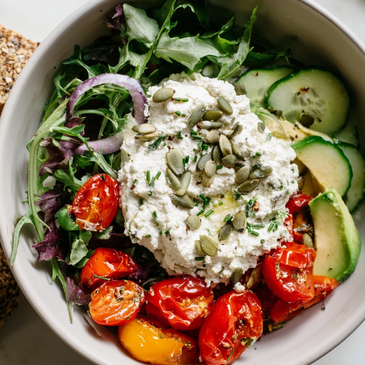 Overhead view of Creamy Cottage Cheese and Roasted Tomato Salad Bowl for a light vegetarian dinner.