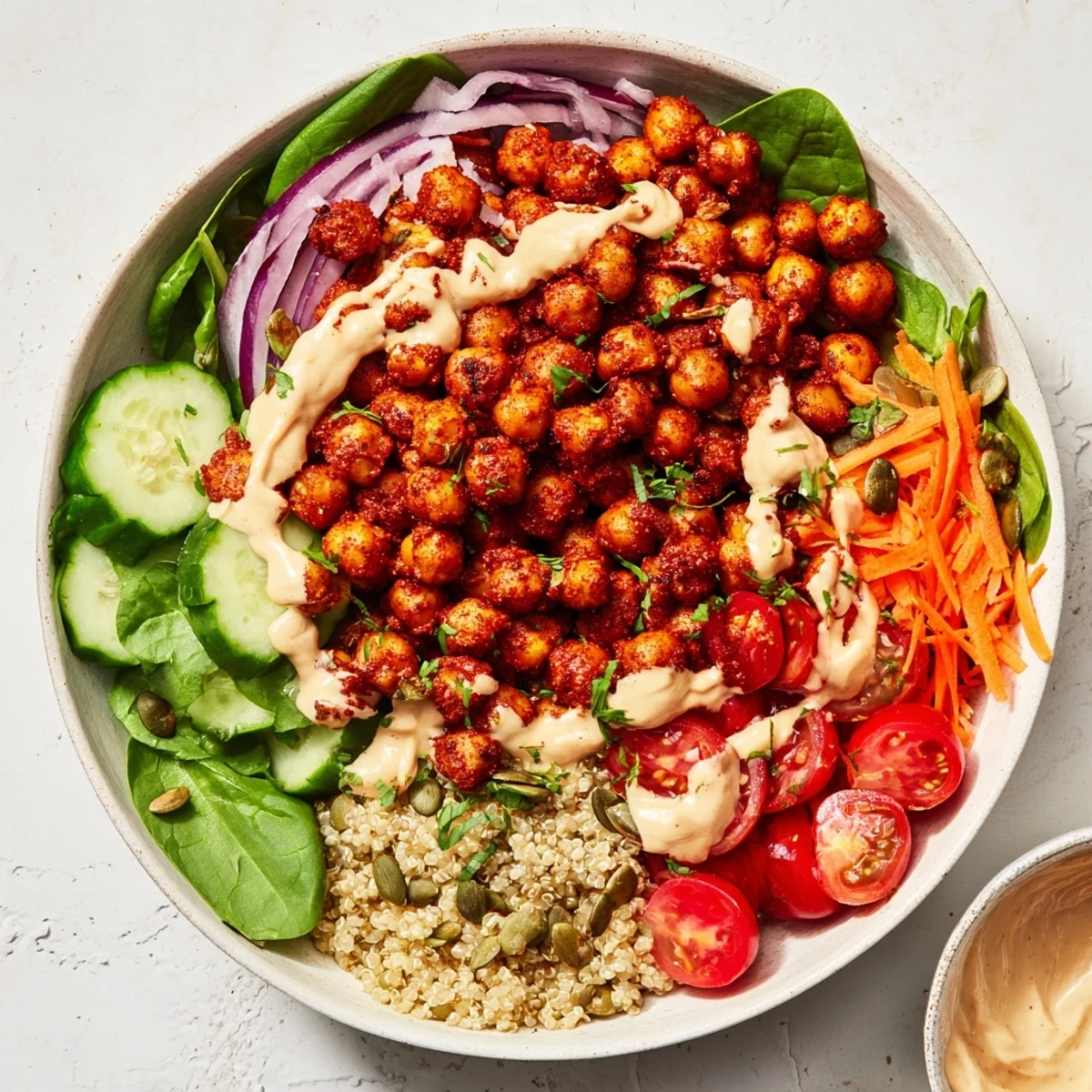 Golden roasted harissa chickpeas rest on fluffy quinoa with fresh spinach, cherry tomatoes, and creamy whipped tahini sauce in a vibrant bowl.