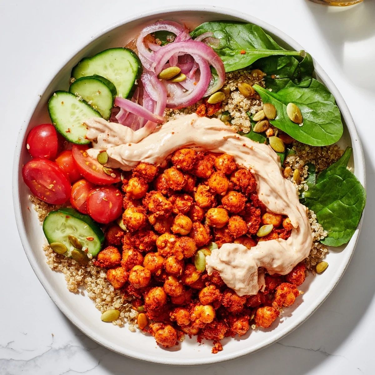 Warm, nourishing harissa chickpea vegan bowl featuring spiced chickpeas, colorful vegetables, and tangy whipped tahini, perfect for a cozy Middle Eastern-inspired dinner.