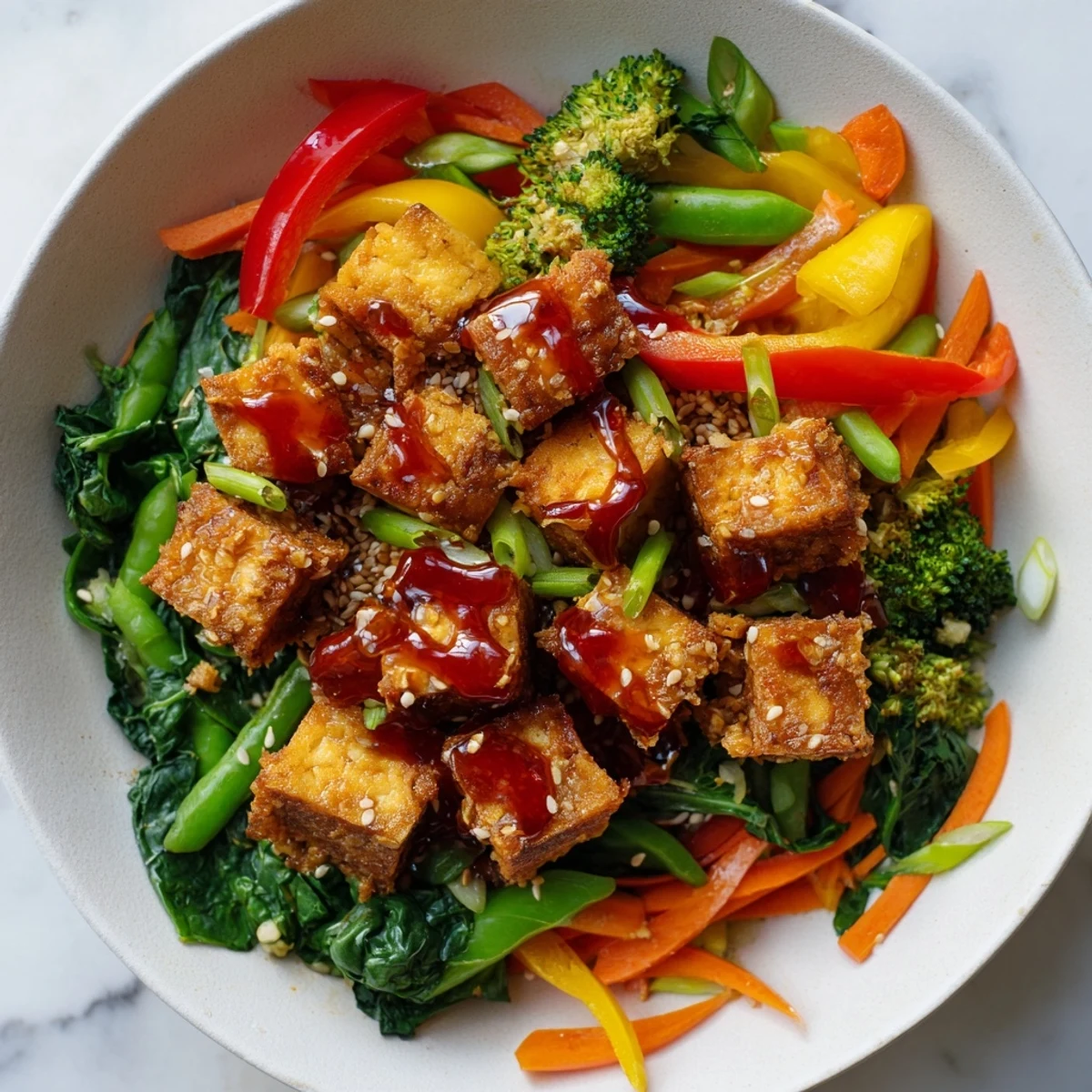 Crispy tofu cubes glisten with spicy chili crisp in this vibrant veggie bowl, served over fluffy jasmine rice with sautéed garlic ginger greens.