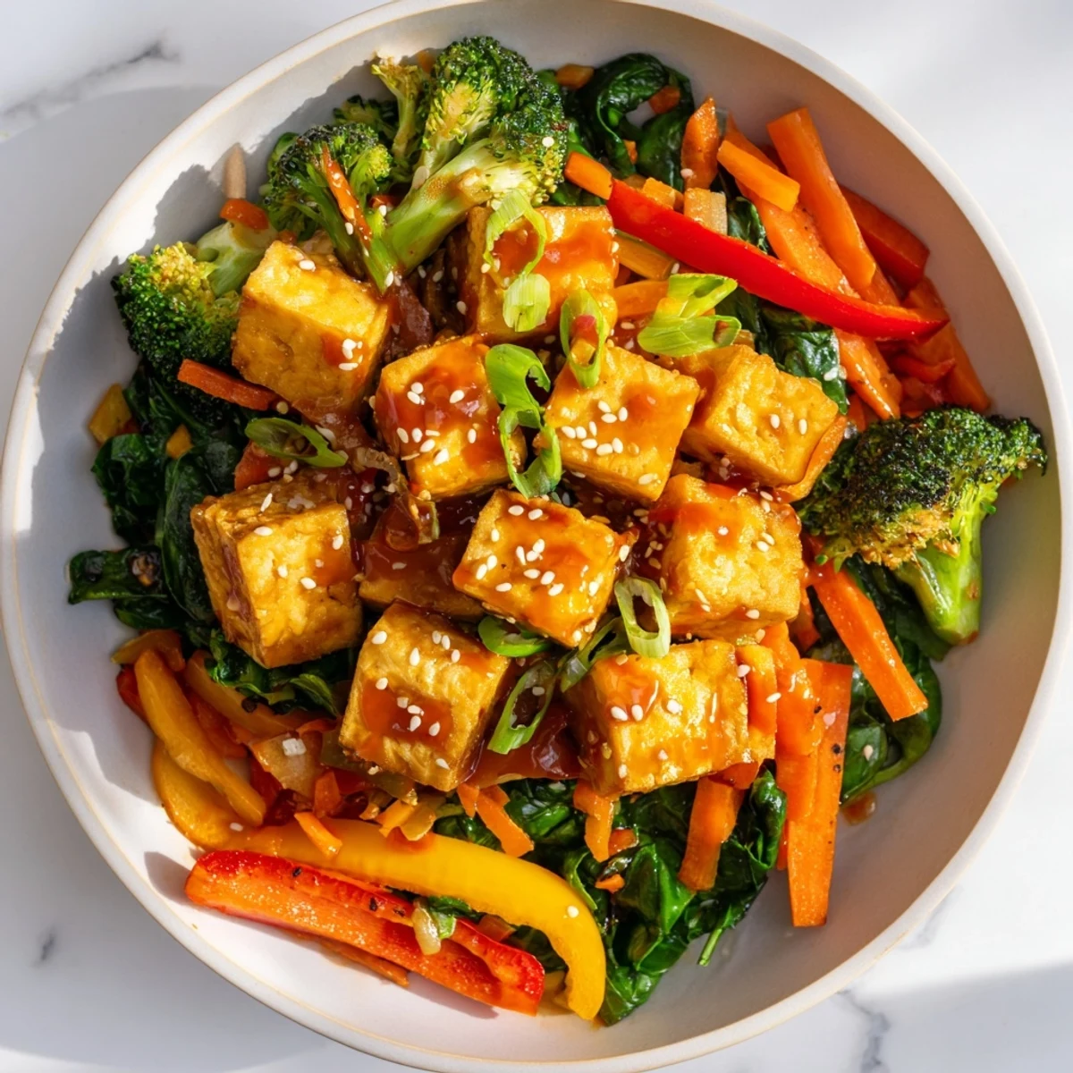 A close-up of a hearty Chili Crisp Tofu Veggie Bowl topped with fresh scallions, sesame seeds, and colorful stir-fried broccoli and peppers.
