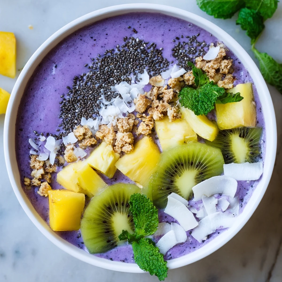 Creamy Ube Coconut Smoothie Bowl with Tropical Fruit topped with mango, pineapple, and kiwi slices.