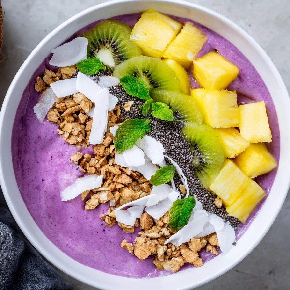 Vibrant Ube Coconut Smoothie Bowl with Tropical Fruit sprinkled with shredded coconut and crunchy granola.
