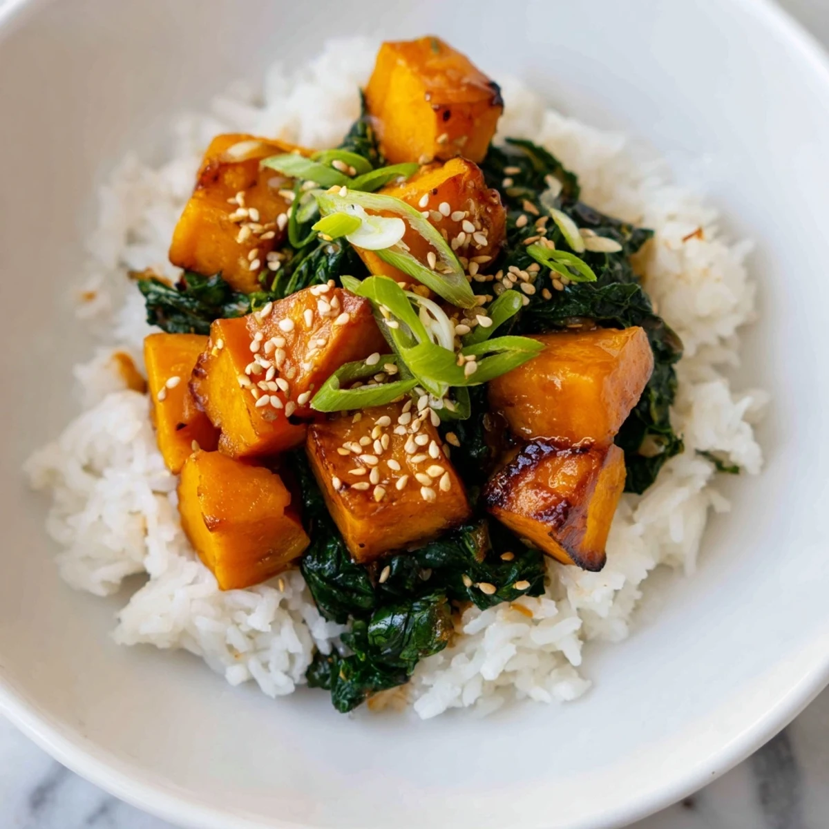 The vibrant miso maple sweet potato rice dish garnished with scallions and sesame seeds, served warm for dinner.