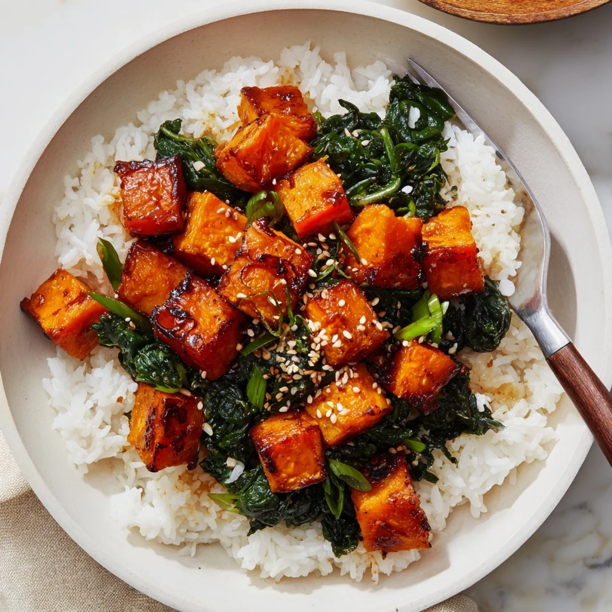 Roasted miso maple sweet potato cubes over fluffy rice with garlicky sesame spinach for a savory, comforting bowl.
