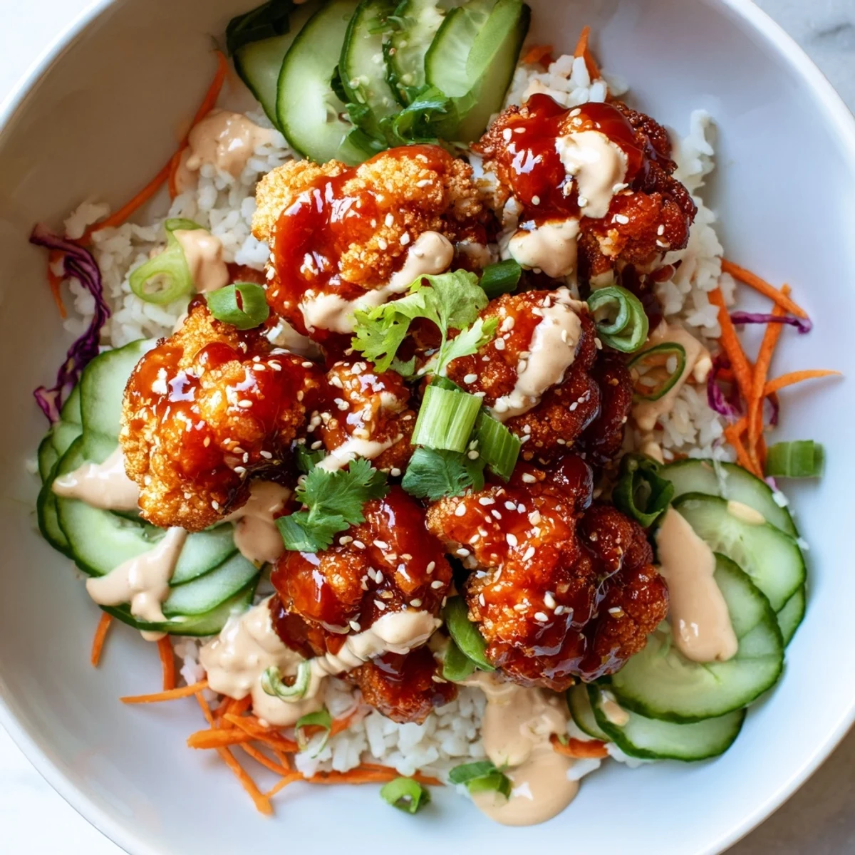 A vibrant vegan bowl featuring crunchy panko-baked cauliflower tossed in glossy gochujang glaze, garnished with julienned carrots, green onions, cilantro, and toasted sesame seeds over fluffy rice.