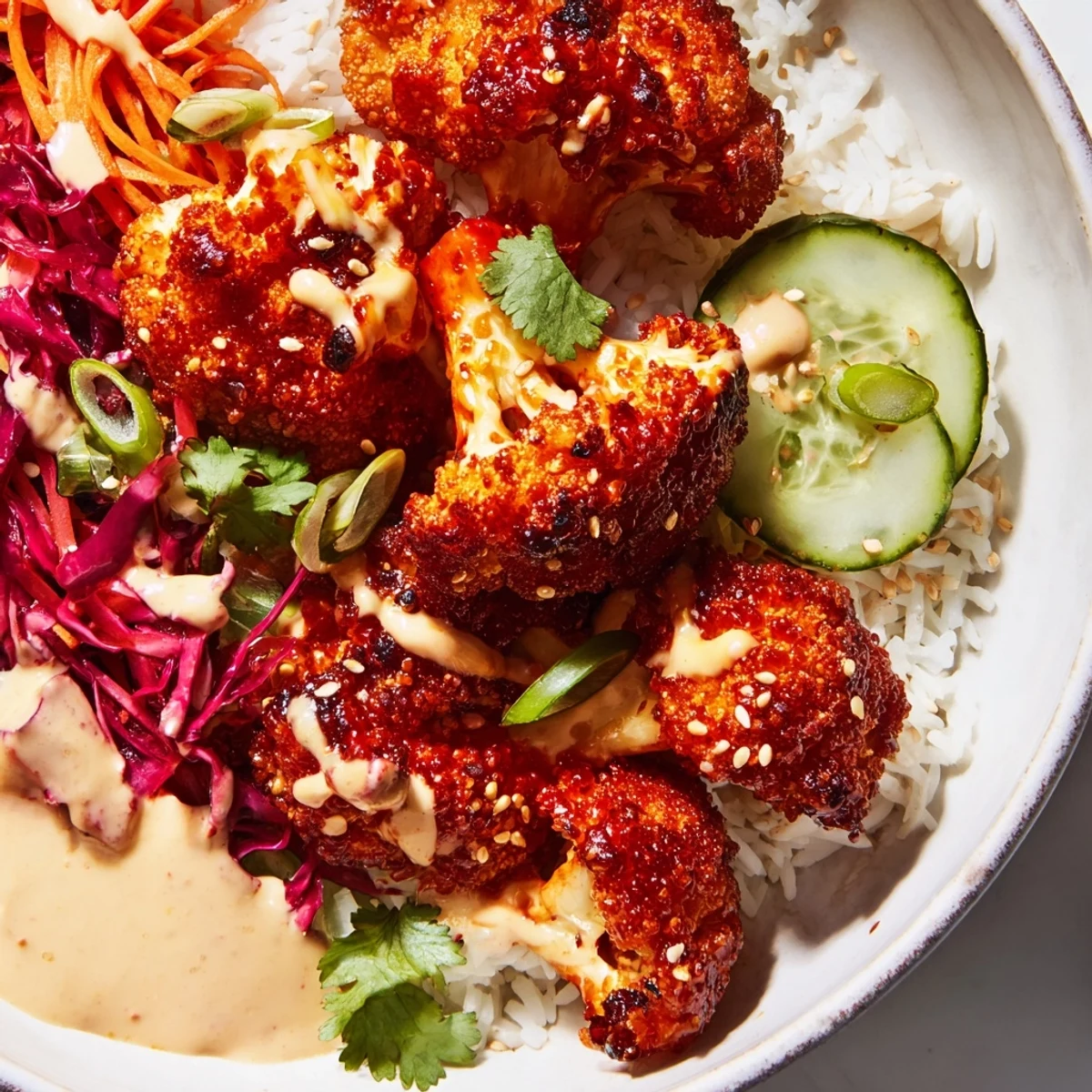 Golden-brown crispy cauliflower florets coated in spicy-sweet gochujang sauce, nestled over steamed jasmine rice with bright pickled cucumbers, shredded red cabbage, and a creamy sesame drizzle.