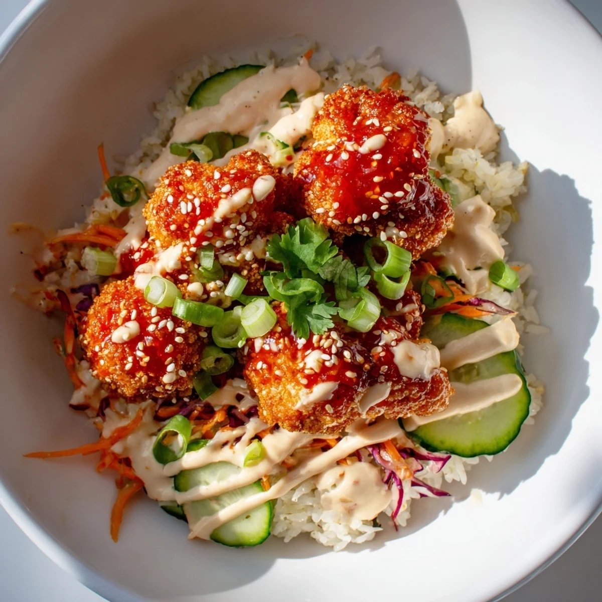 Close-up of a plant-based Korean-inspired meal with crispy roasted cauliflower, quick-pickled cucumber slices, fresh veggies, and tahini drizzle, beautifully arranged in a white bowl for a weeknight dinner.