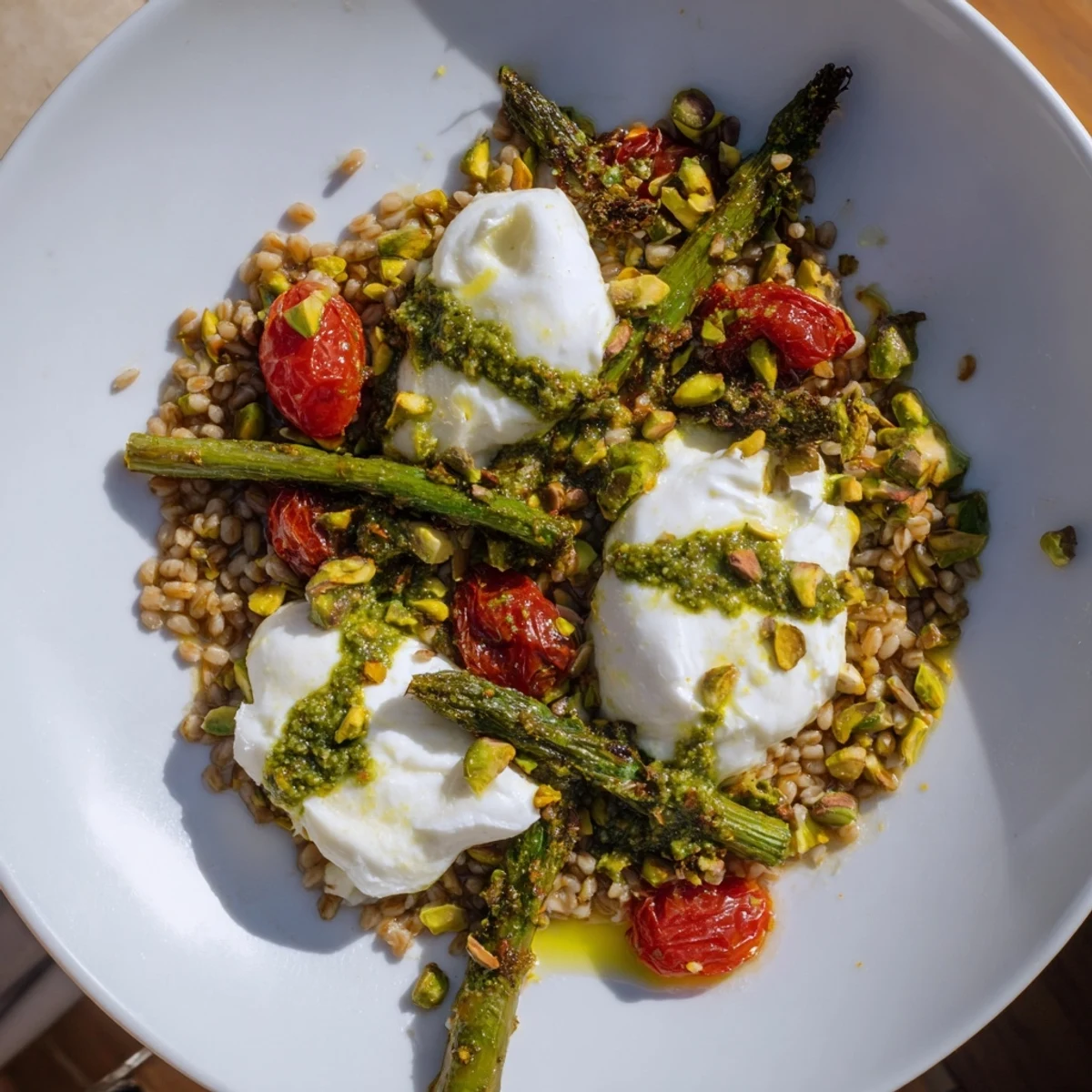 A vibrant serving of Pistachio Pesto Burrata Grain Bowl with Roasted Asparagus, topped with creamy burrata and chopped nuts.