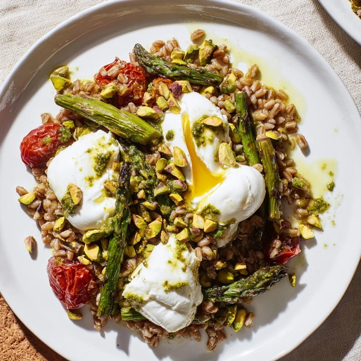 Close up of Pistachio Pesto Burrata Grain Bowl with Roasted Asparagus featuring bright green pesto drizzled over grains.