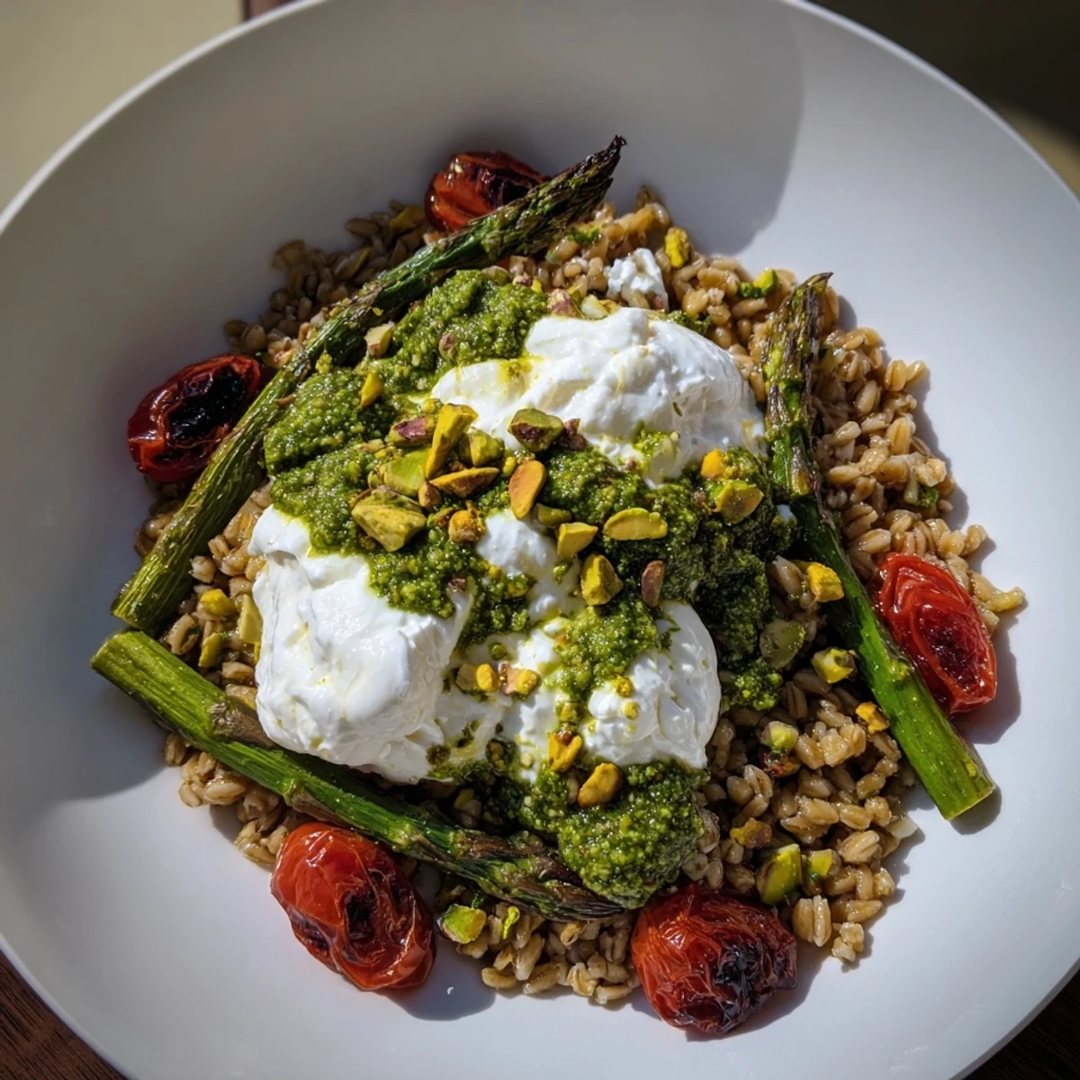 Hearty Pistachio Pesto Burrata Grain Bowl with Roasted Asparagus ready to eat, garnished with lemon zest and arugula.
