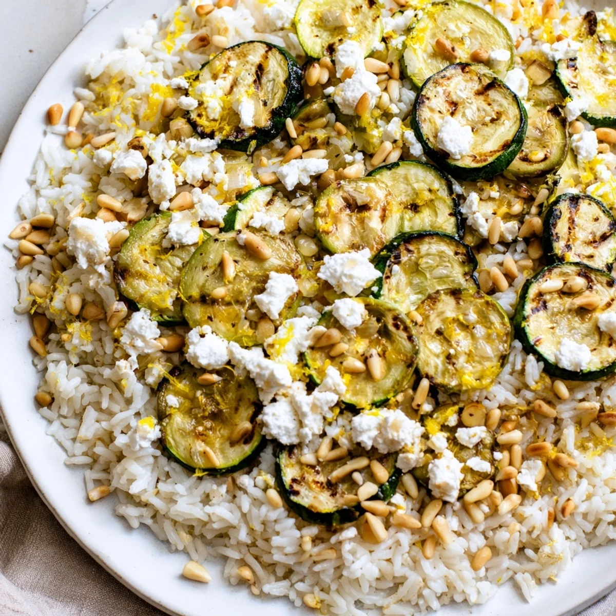 A close-up of Mediterranean Lemon Rice with Grilled Zucchini and Feta, featuring fluffy grains topped with charred zucchini and creamy crumbles.