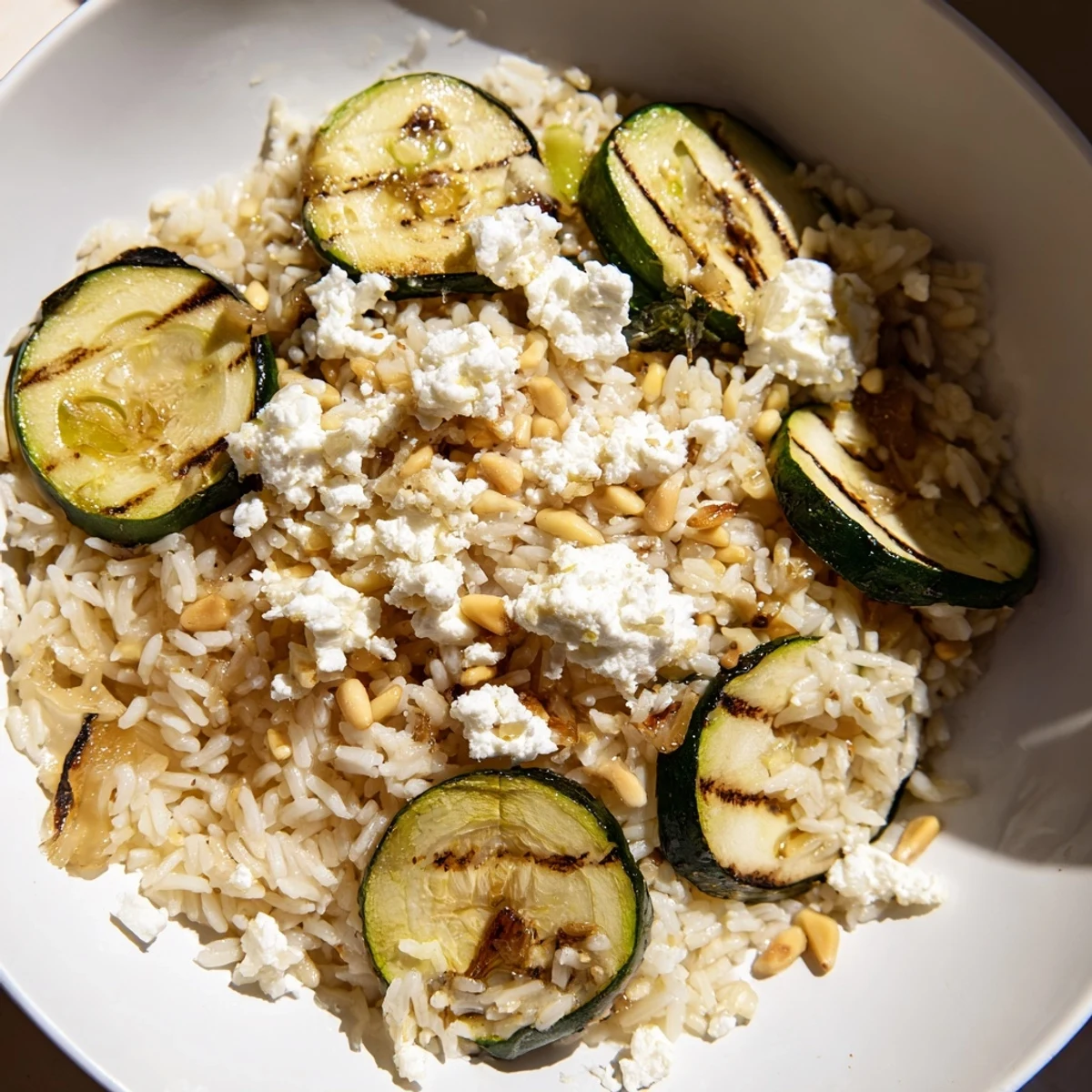 Mediterranean Lemon Rice with Grilled Zucchini and Feta in a rustic bowl, showing tender vegetables and melted feta over warm rice.