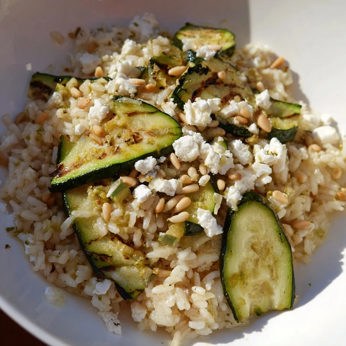 A serving platter of Mediterranean Lemon Rice with Grilled Zucchini and Feta, garnished with fresh parsley and lemon wedges for bright flavor.