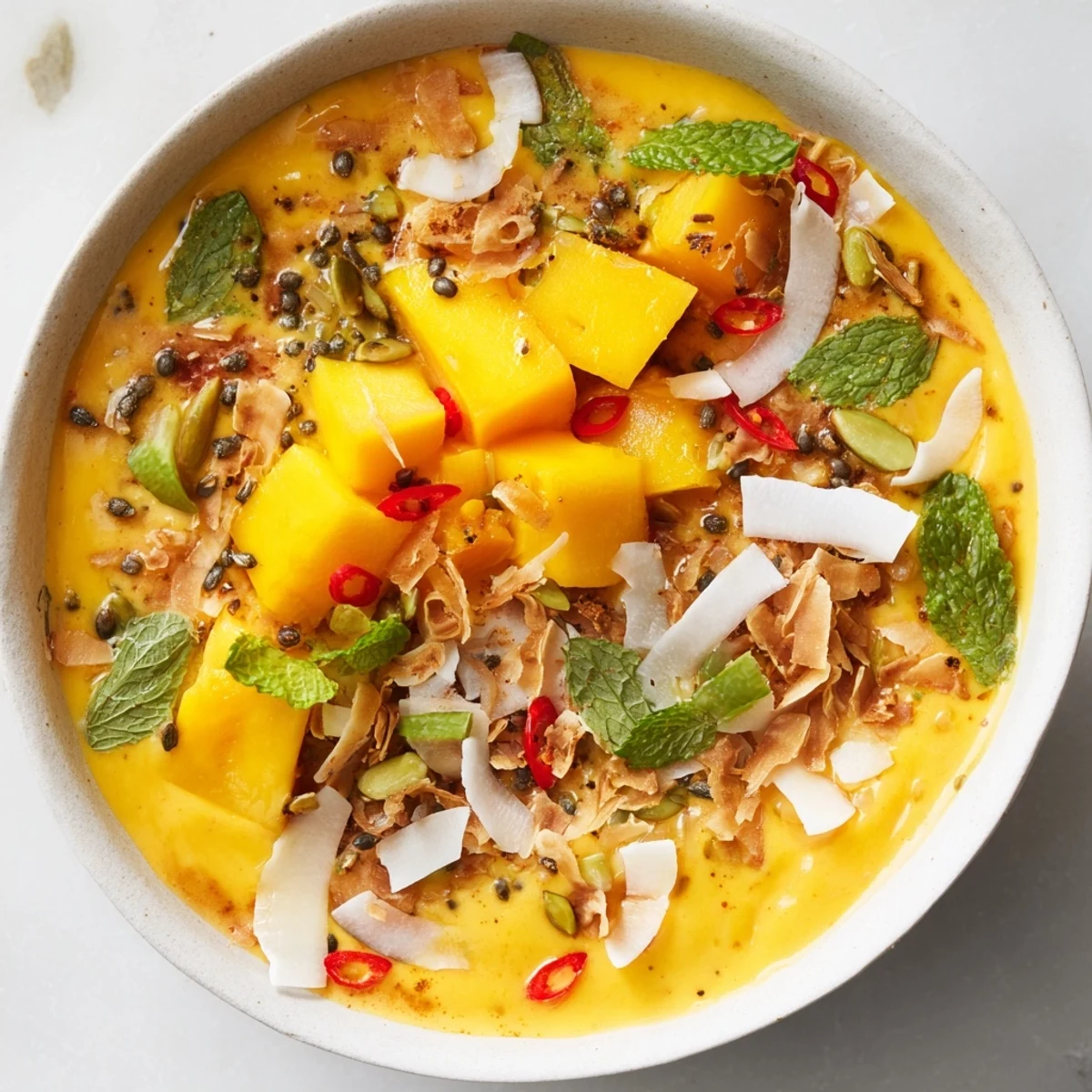 Creamy, vibrant Spicy Mango Coconut Smoothie Bowl with Lime Zest garnished with toasted coconut flakes and fresh mango.