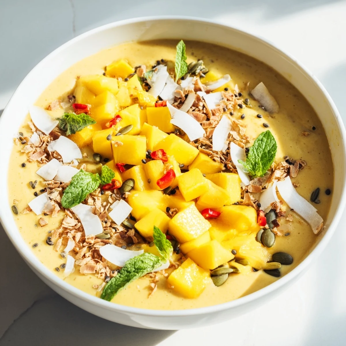 Cold, refreshing Spicy Mango Coconut Smoothie Bowl with Lime Zest topped with chia seeds and mint.