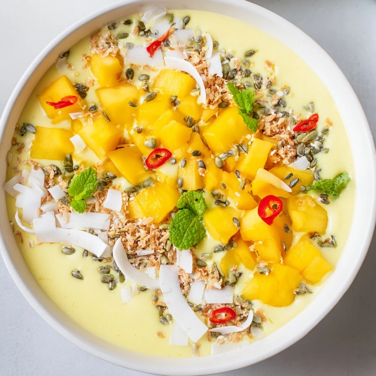 Thick frozen mango base blended with coconut milk and chili for a spicy, tropical breakfast bowl.