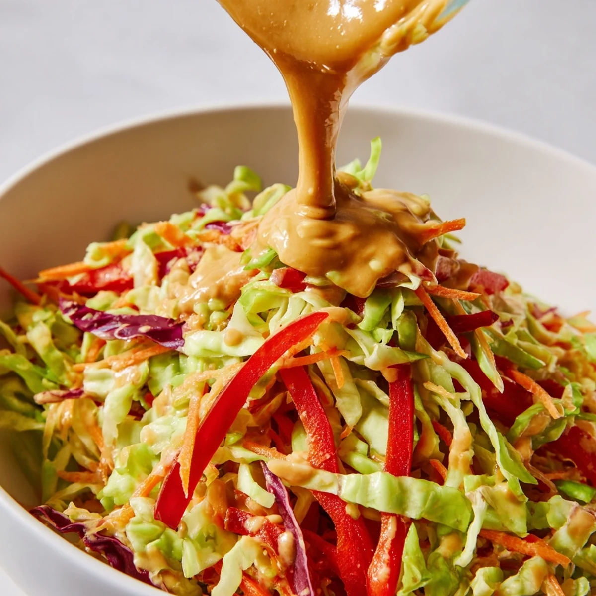 A vibrant, crunchy Spicy Peanut Crunch Veggie Bowl with Shredded Cabbage, loaded with crisp veggies and creamy peanut sauce.