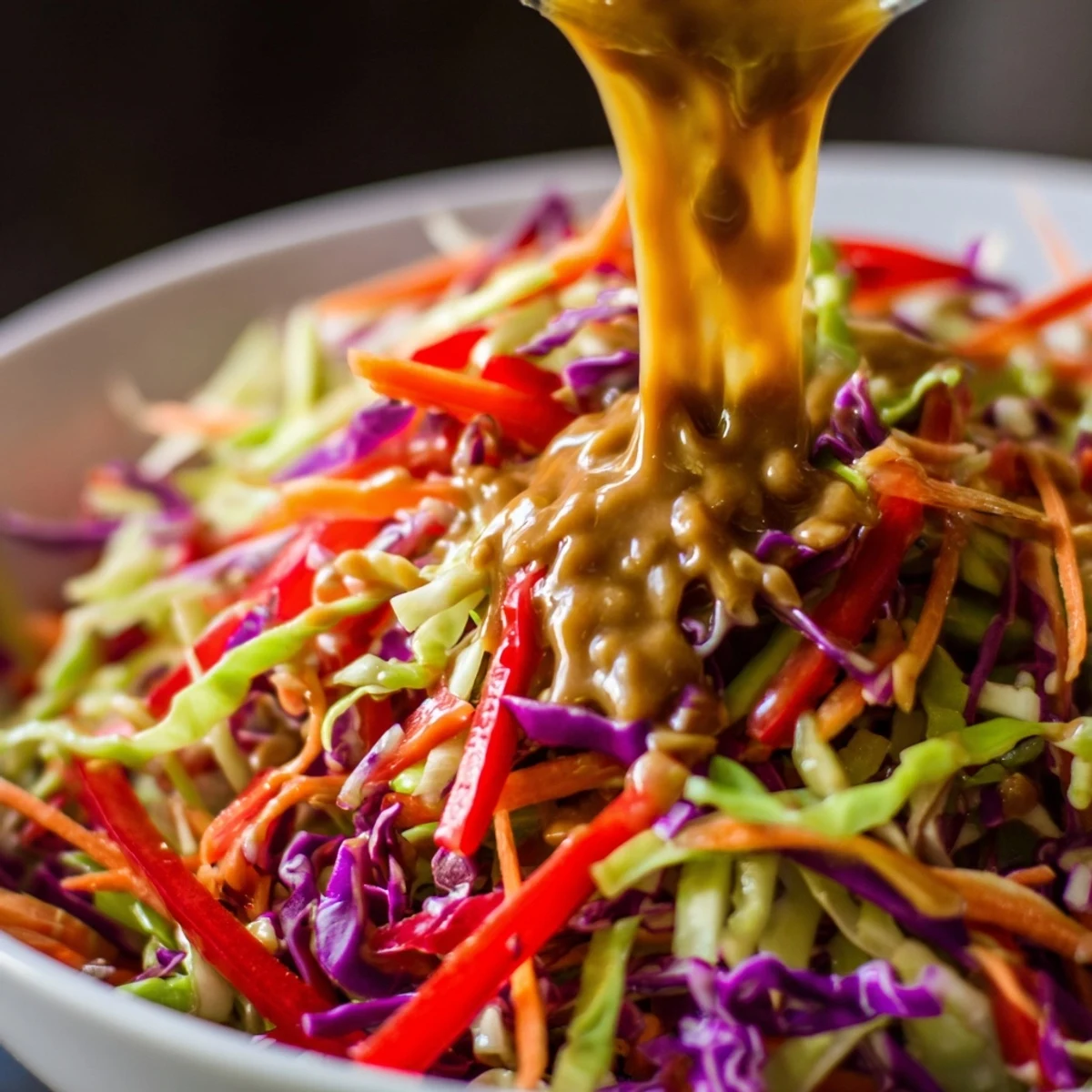Spicy Peanut Crunch Veggie Bowl with Shredded Cabbage served in a rustic bowl, perfect for a quick weeknight meal.
