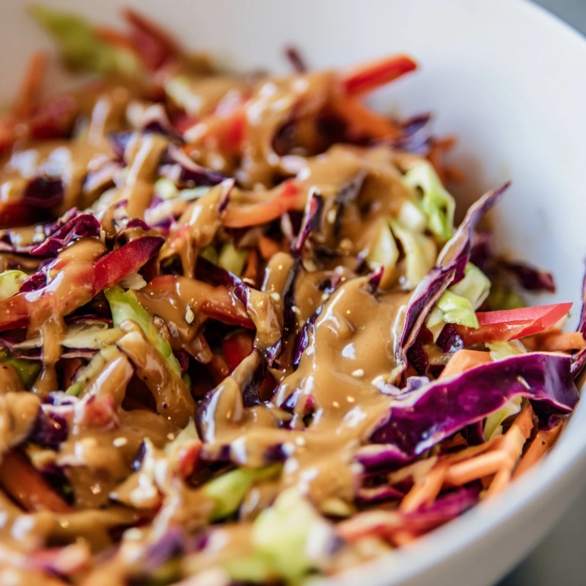 Top view of the Spicy Peanut Crunch Veggie Bowl with Shredded Cabbage, featuring fresh cilantro, peanuts, and sesame seeds.