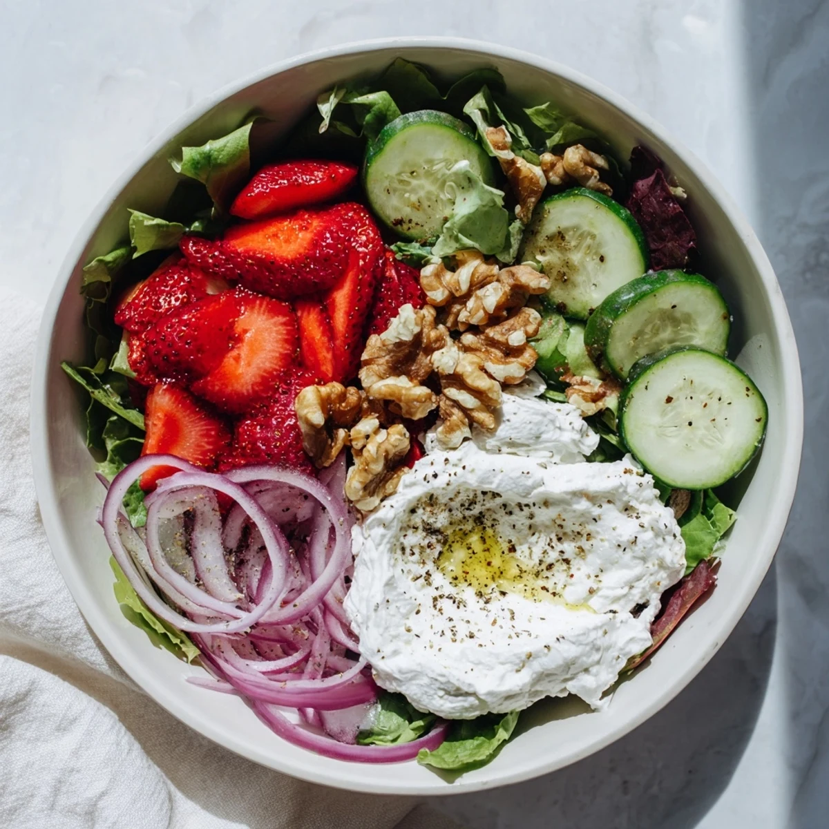 Sun-ripened roasted strawberries glisten over a vibrant Whipped Feta and Roasted Strawberry Salad Bowl featuring crisp greens, sliced cucumber, and crunchy toasted pecans.