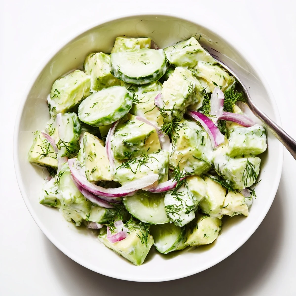 A vibrant Creamy Avocado Cucumber Salad Bowl with Fresh Dill, served in a white bowl garnished with fresh herbs.