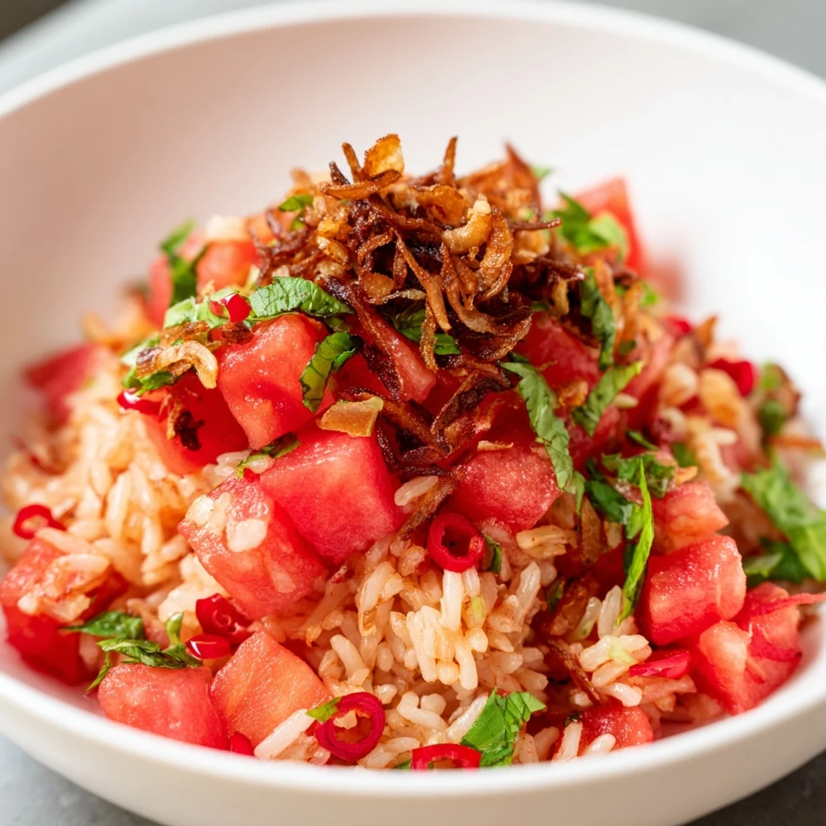 Close up view of Chili Lime Watermelon Rice Dish with Crispy Shallots featuring juicy watermelon cubes, sliced red chili, chopped peanuts, and zesty lime dressing.
