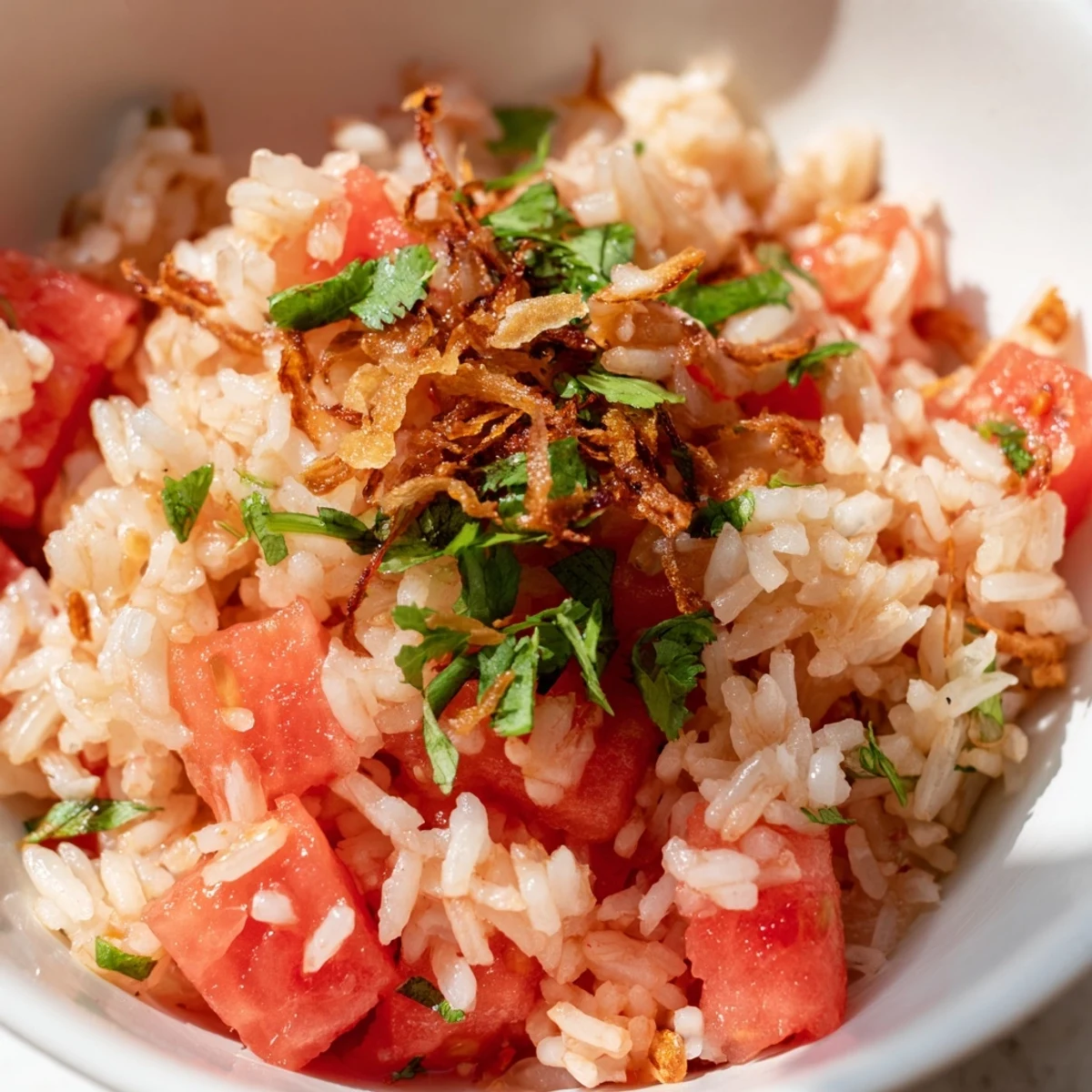 Chili Lime Watermelon Rice Dish with Crispy Shallots served on a white plate, garnished with crispy shallots and scallions, perfect for a summer meal.
