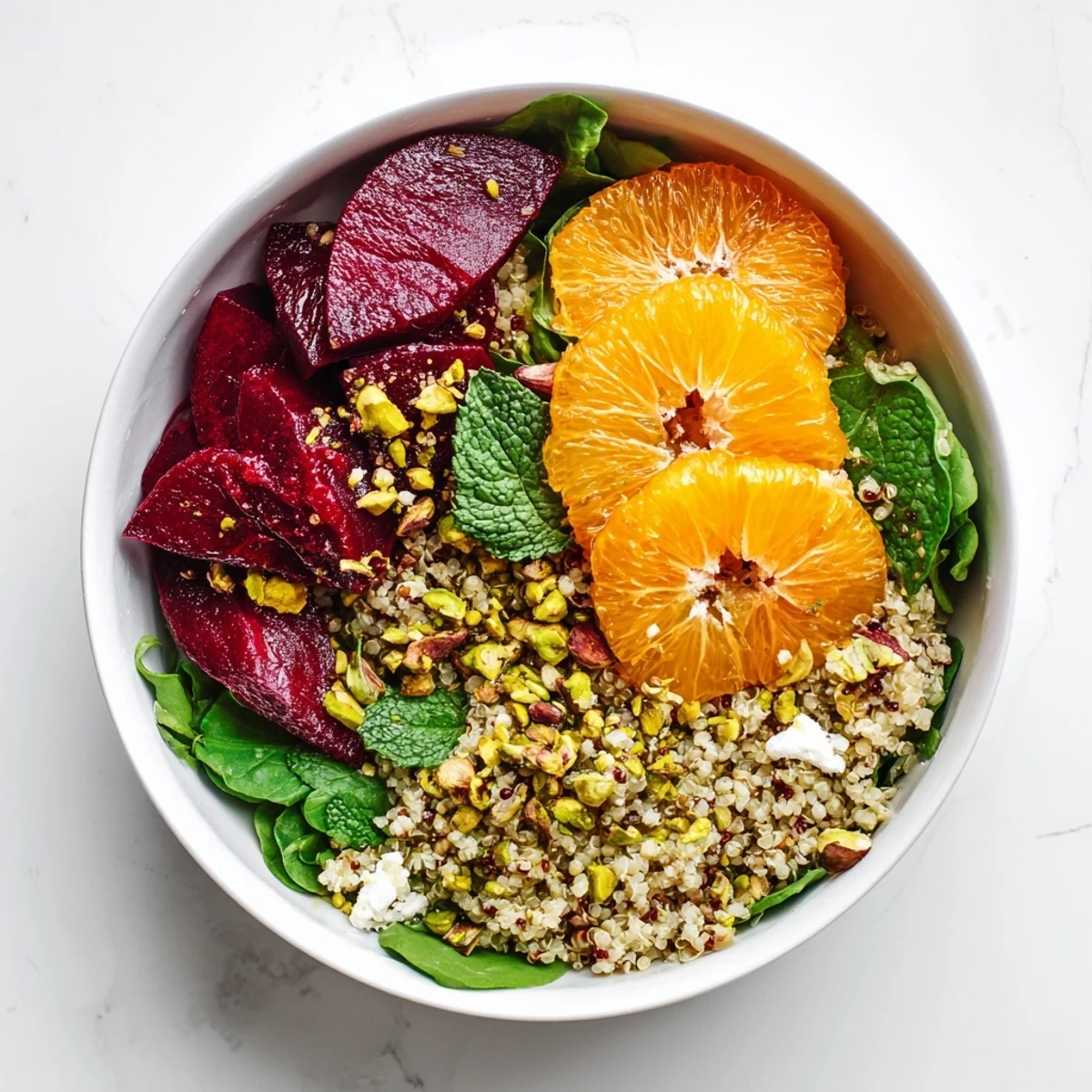 Roasted beet and citrus grain bowl with bright greens and pistachios.