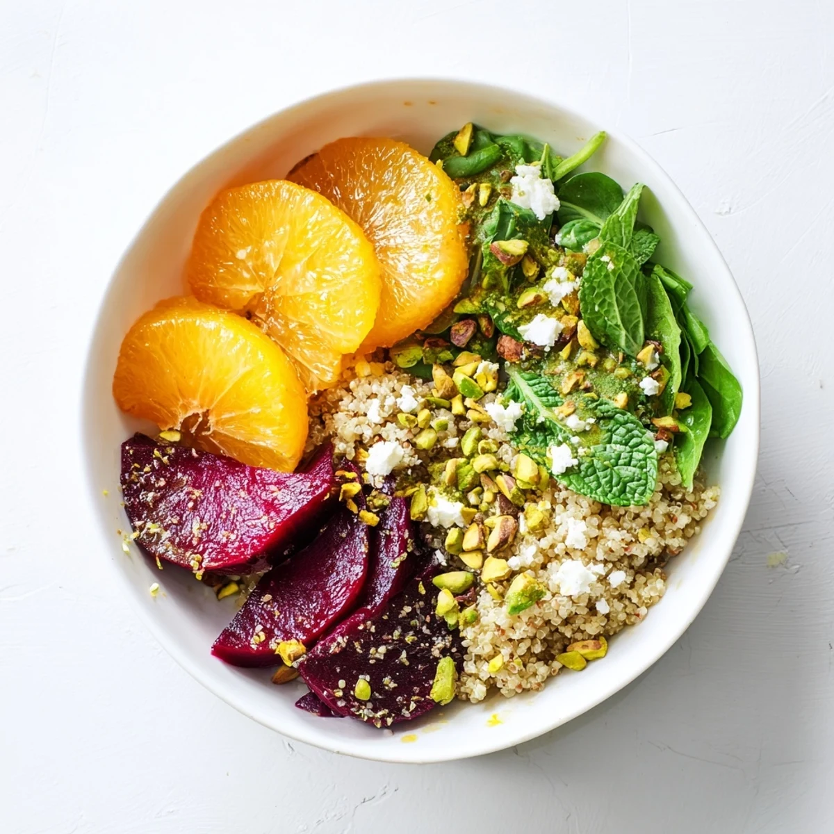 Sliced oranges and grapefruit atop quinoa with roasted beets and mint.