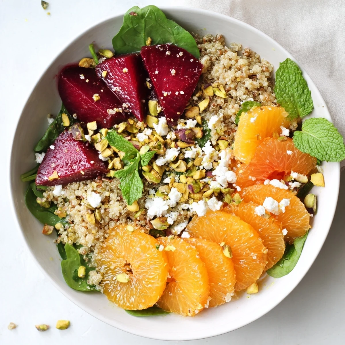 Roasted beet and citrus grain bowl with chopped pistachios and feta.