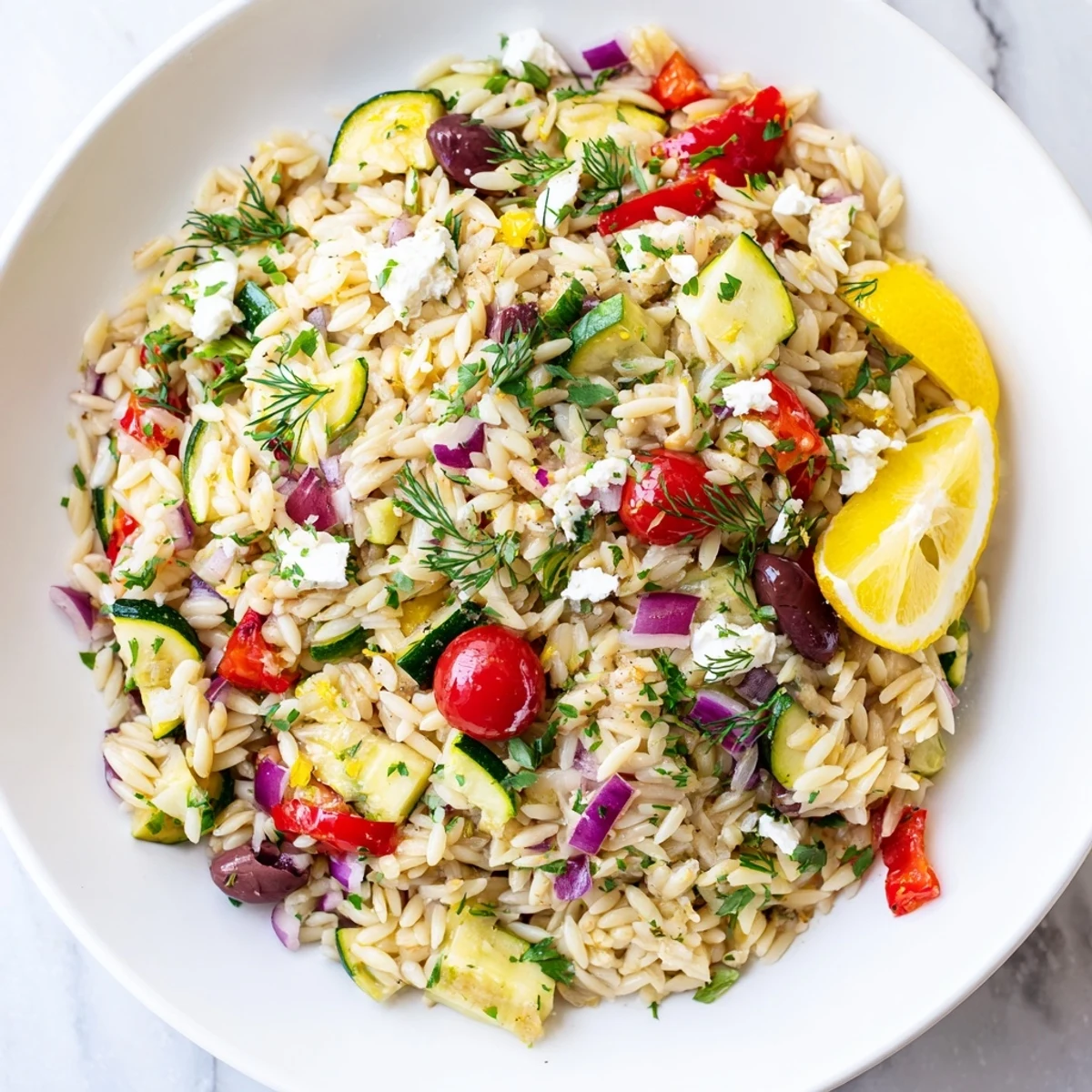 Bright Mediterranean Orzo Rice Dish with lemon herbs, feta, and Kalamata olives served in a white bowl.