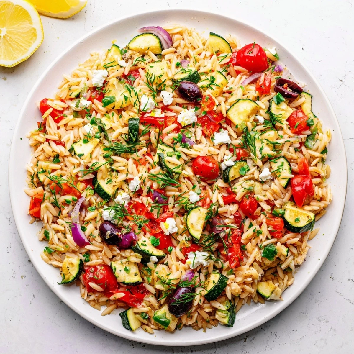 Hearty Mediterranean Orzo Rice Dish with lemon herbs, cherry tomatoes, and zucchini steaming on a rustic wooden table.