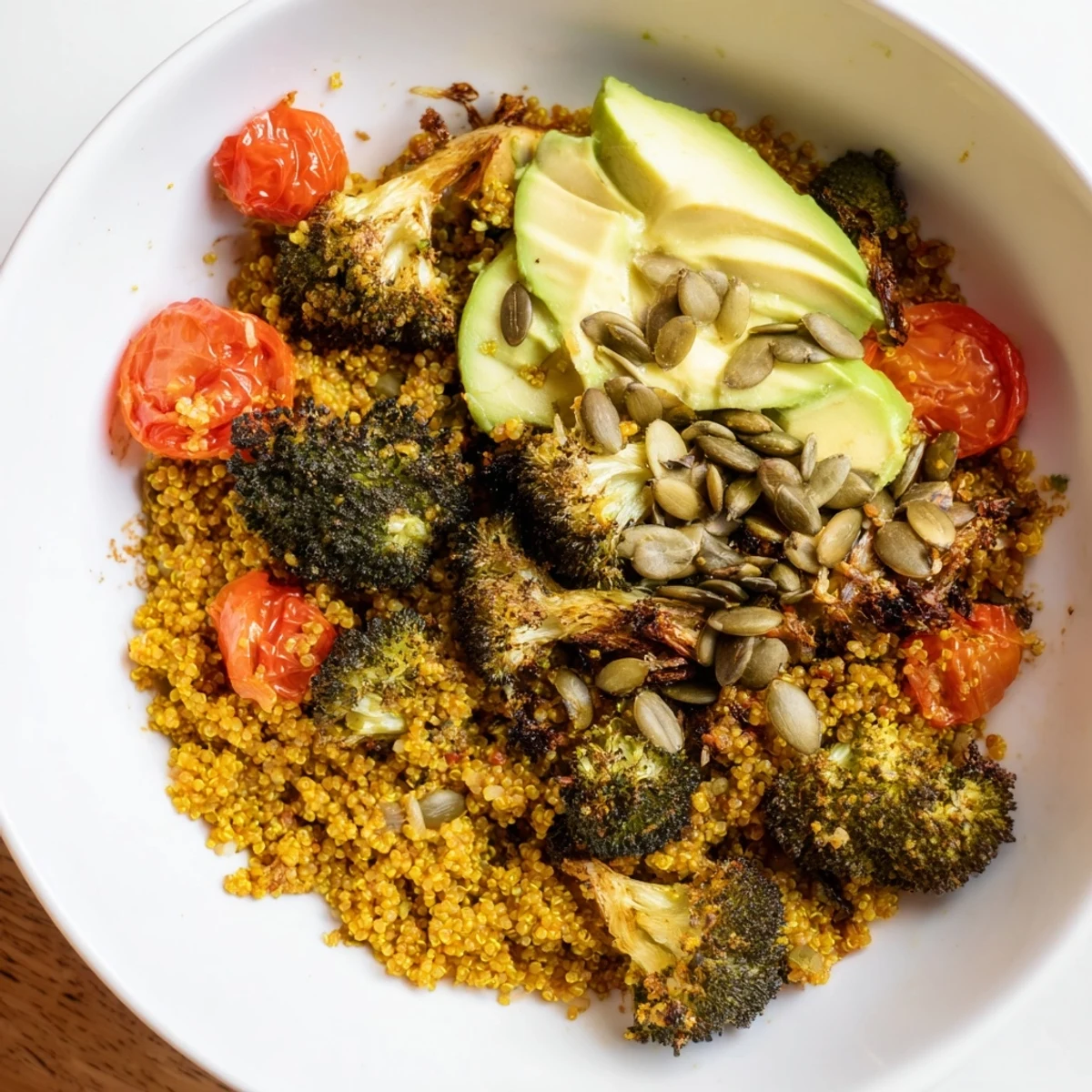 Vibrant Golden Turmeric Quinoa Grain Bowl with Roasted Broccoli topped with creamy avocado and cherry tomatoes.
