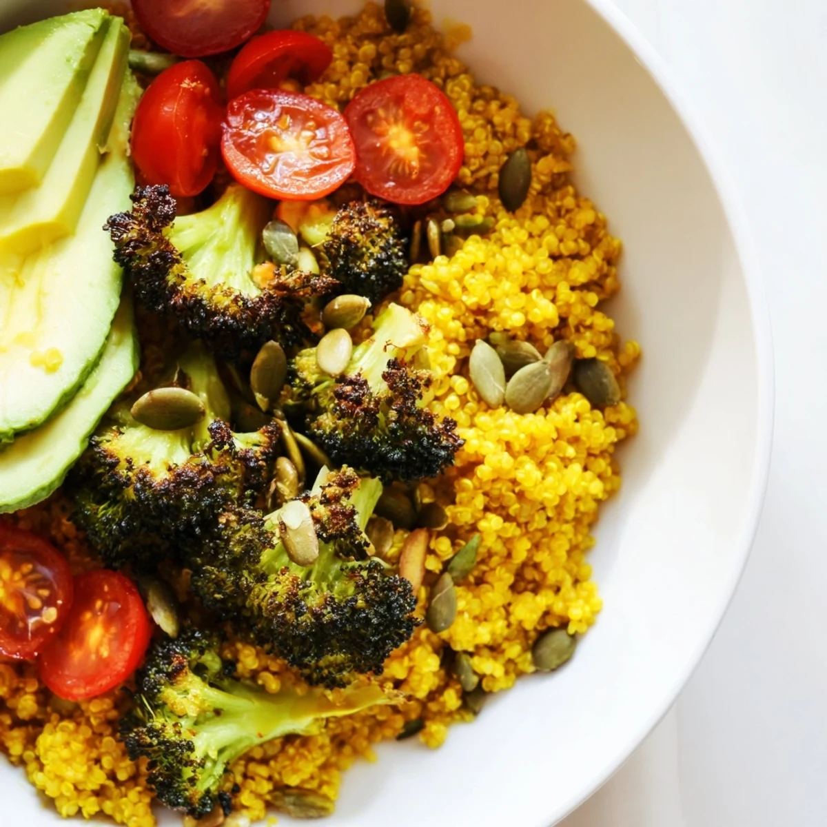 Golden Turmeric Quinoa Grain Bowl with Roasted Broccoli drizzled with tahini dressing and served with lemon wedges.