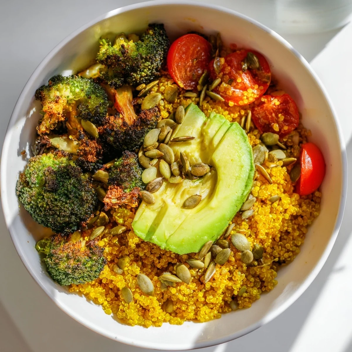 Fresh cilantro and pumpkin seeds garnish the warm Golden Turmeric Quinoa Grain Bowl with Roasted Broccoli.