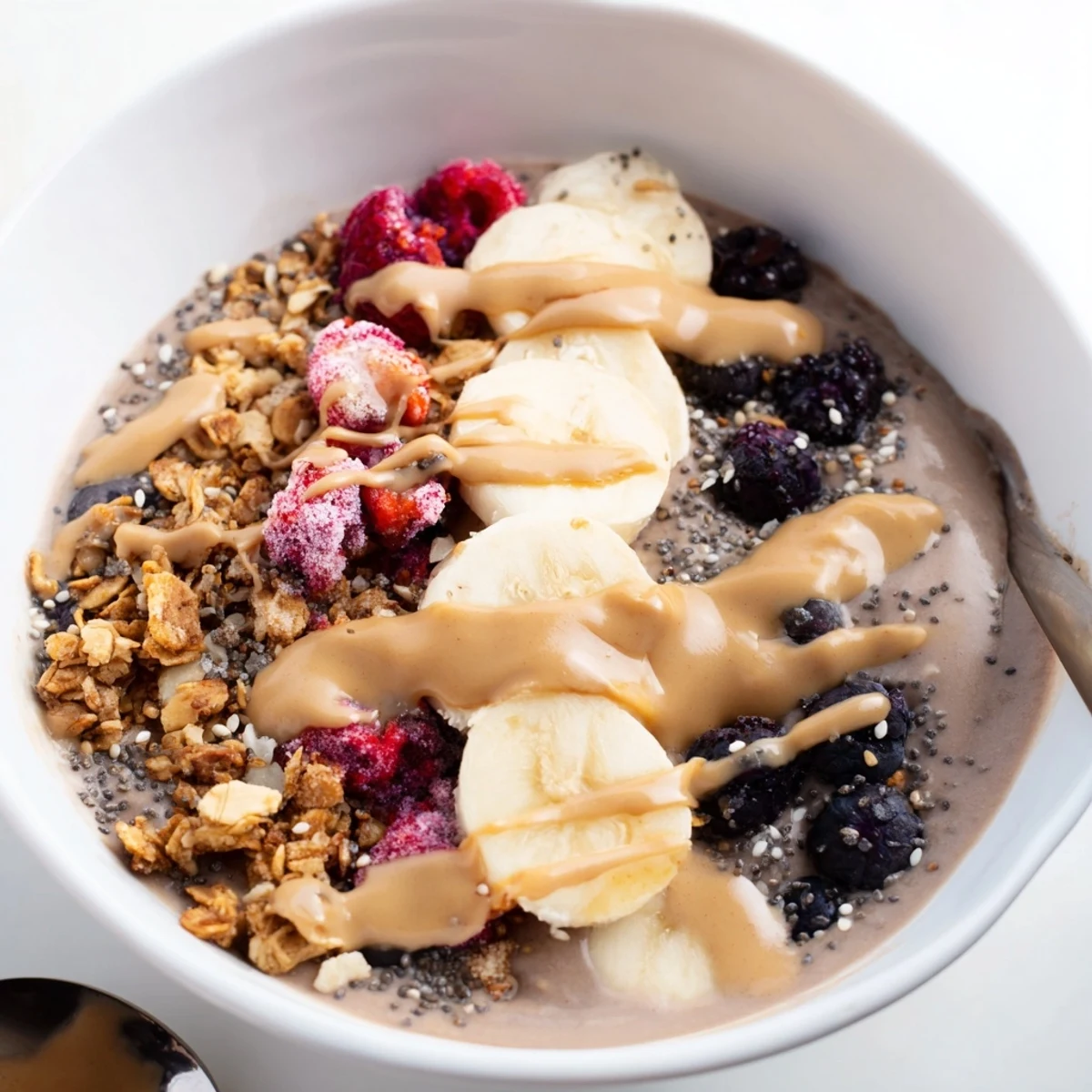 Drizzling tahini over a creamy black sesame banana smoothie bowl for extra nutty flavor.