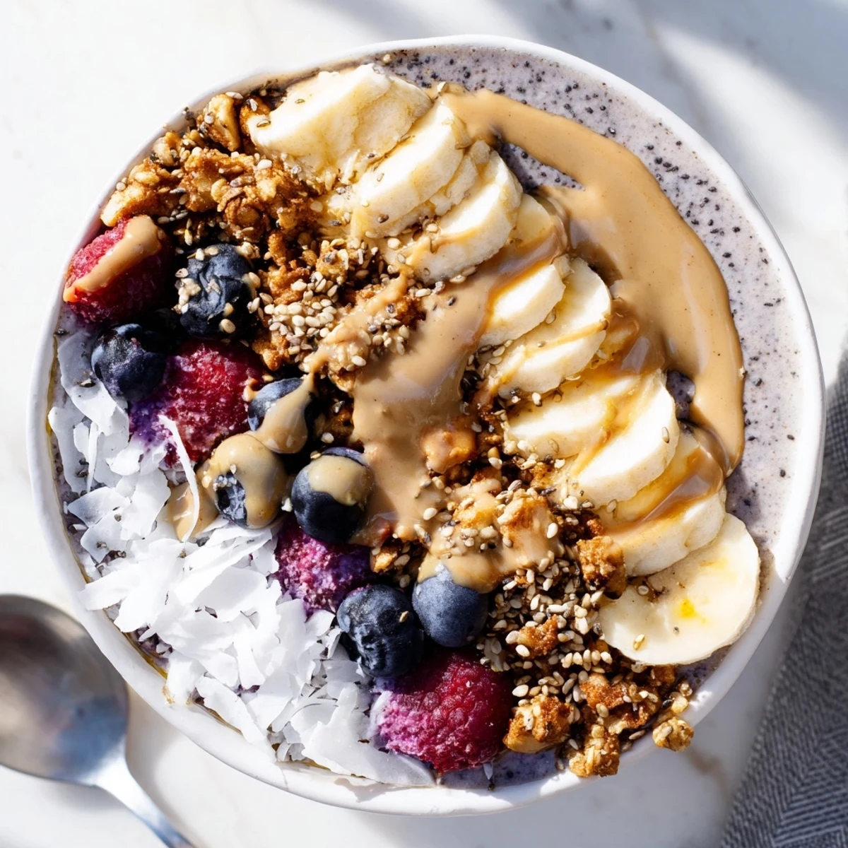Black sesame banana smoothie bowl topped with fresh berries and crunchy granola for breakfast.